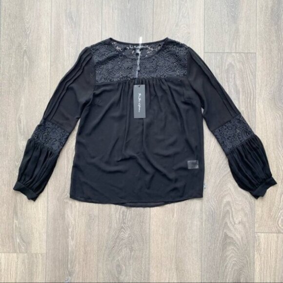 FREE PEOPLE For Love & Lemons Sacramento Blouse Black Sheer Lace Long Sleeves S - Picture 6 of 16